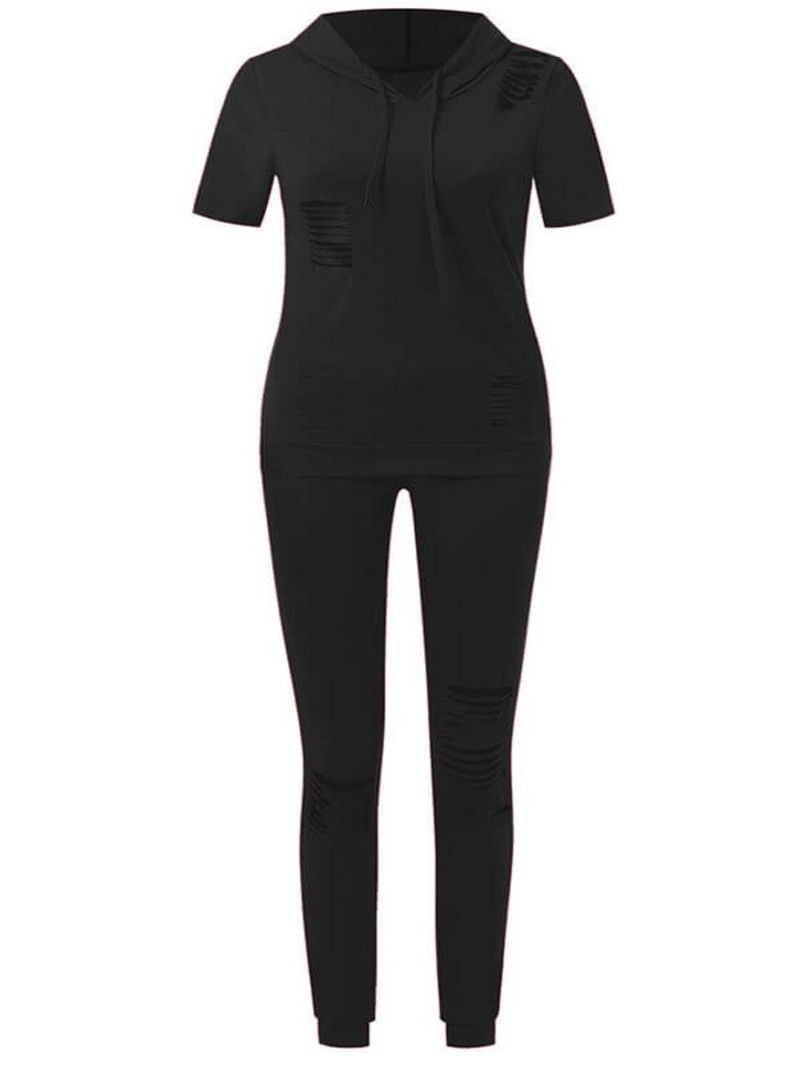 LW suures suuruses naiste spordidress, soliidne vabaaja 2-osaline, lühikeste varrukatega pulloveriga kapuuts + rebitud pükste komplekt, spordirõivaste dressipluus