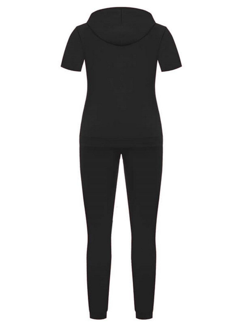 LW suures suuruses naiste spordidress, soliidne vabaaja 2-osaline, lühikeste varrukatega pulloveriga kapuuts + rebitud pükste komplekt, spordirõivaste dressipluus