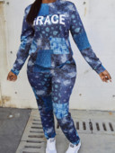 LW suures suuruses naiste sügis-talvine ümmargune kaelus pikkade varrukatega vabaaja mustriga segatud kirjatrükiga elastne sinine kaheosaline pükstekomplekt