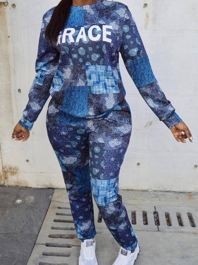 LW suures suuruses naiste sügis-talvine ümmargune kaelus pikkade varrukatega vabaaja mustriga segatud kirjatrükiga elastne sinine kaheosaline pükstekomplekt