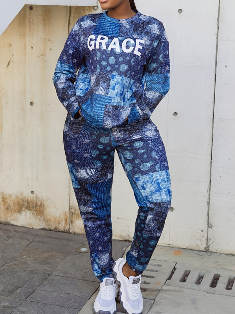 LW suures suuruses naiste sügis-talvine ümmargune kaelus pikkade varrukatega vabaaja mustriga segatud kirjatrükiga elastne sinine kaheosaline pükstekomplekt