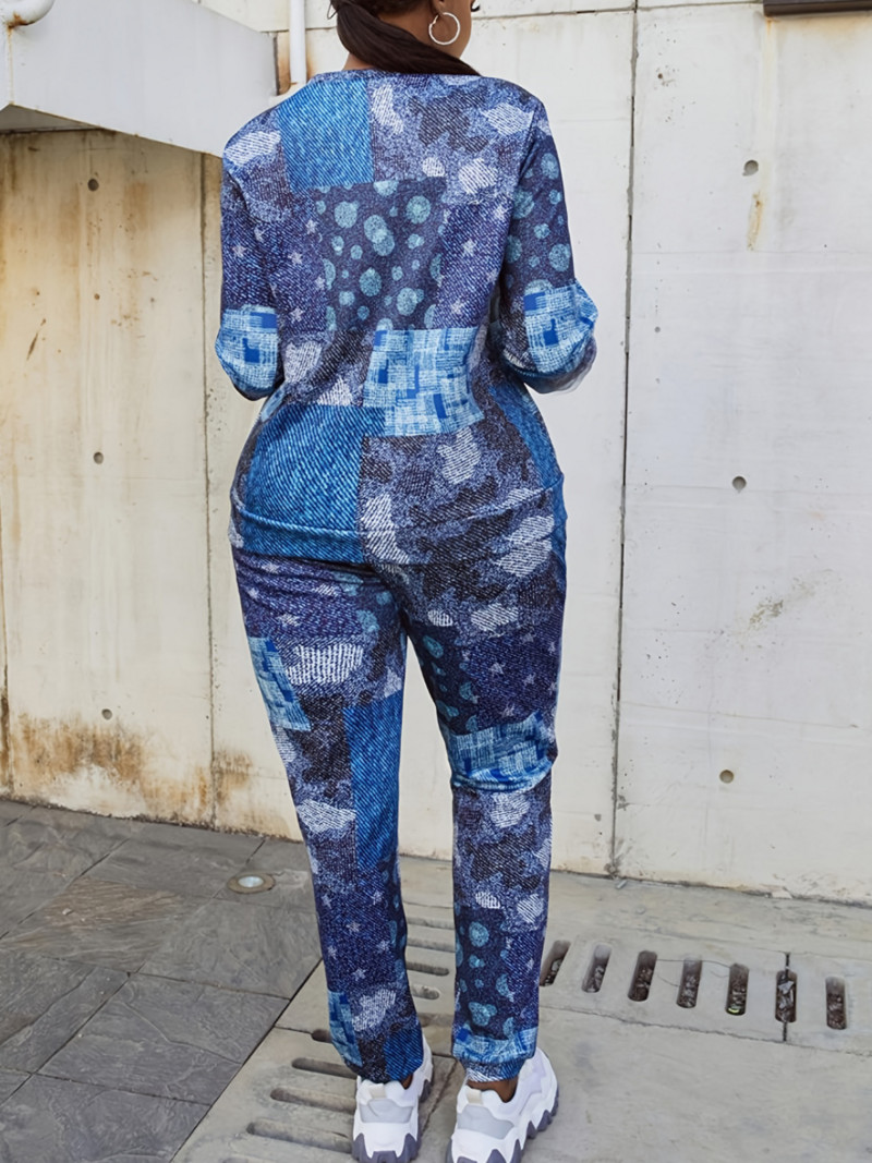 LW suures suuruses naiste sügis-talvine ümmargune kaelus pikkade varrukatega vabaaja mustriga segatud kirjatrükiga elastne sinine kaheosaline pükstekomplekt