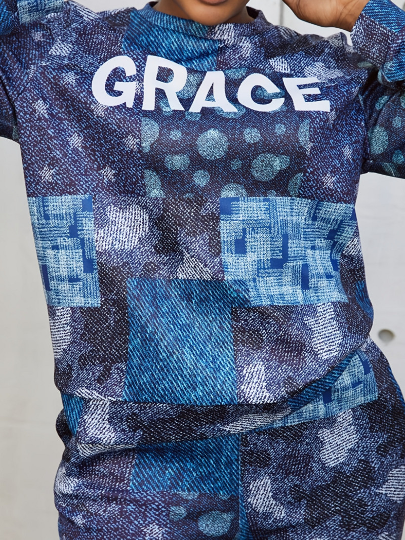 LW suures suuruses naiste sügis-talvine ümmargune kaelus pikkade varrukatega vabaaja mustriga segatud kirjatrükiga elastne sinine kaheosaline pükstekomplekt