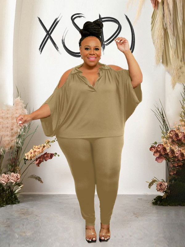 2-osalised komplektid Naiste riietus õlgadeta elegantsed püksid ja pluusikomplekt vabaaja kõver suuremas suuruses naiste riided hulgimüük