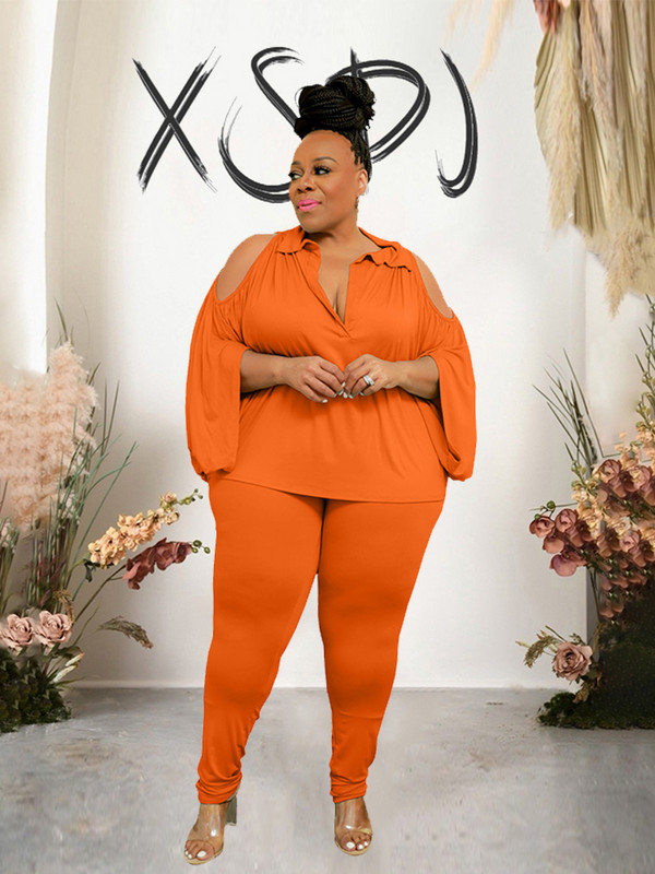 2-osalised komplektid Naiste riietus õlgadeta elegantsed püksid ja pluusikomplekt vabaaja kõver suuremas suuruses naiste riided hulgimüük