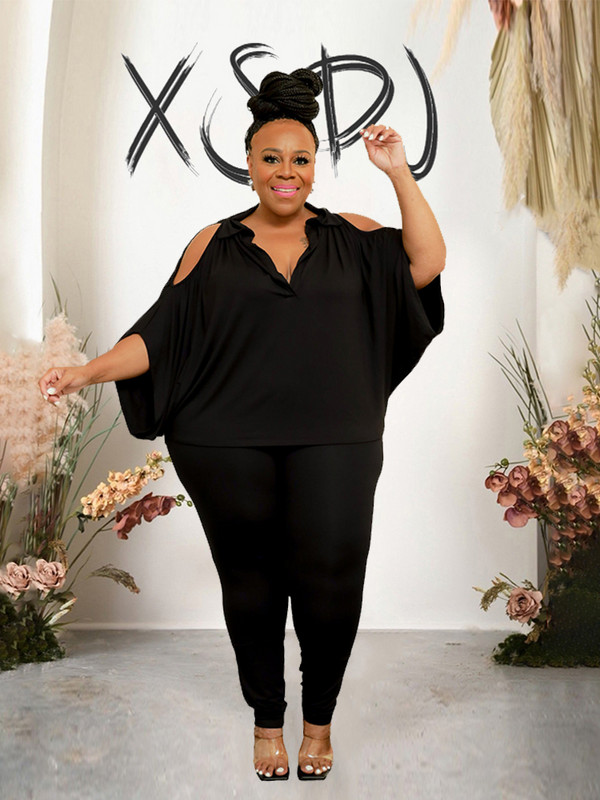 2-osalised komplektid Naiste riietus õlgadeta elegantsed püksid ja pluusikomplekt vabaaja kõver suuremas suuruses naiste riided hulgimüük