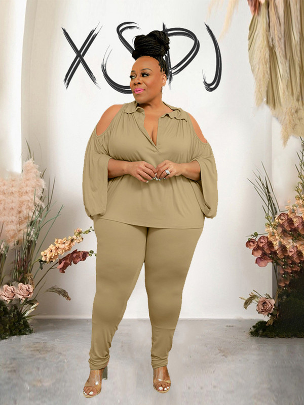 2-osalised komplektid Naiste riietus õlgadeta elegantsed püksid ja pluusikomplekt vabaaja kõver suuremas suuruses naiste riided hulgimüük