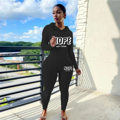 LW Plus Size 2db szett Letter Print Pants Set hosszú ujjú felső kapucnis és vékony nadrág szett Női alkalmi kétrészes szett Sportruházat