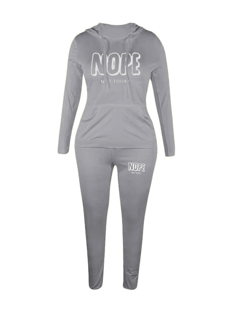 LW Plus Size 2db szett Letter Print Pants Set hosszú ujjú felső kapucnis és vékony nadrág szett Női alkalmi kétrészes szett Sportruházat