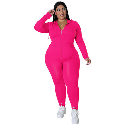 CM.YAYA Elegantná dámska súprava plus size s dlhým rukávom, mikina a nohavice s zipsom, módna tepláková súprava, dva 2-dielne outfity