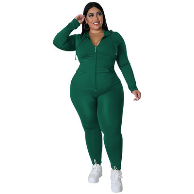 CM.YAYA Elegantná dámska súprava plus size s dlhým rukávom, mikina a nohavice s zipsom, módna tepláková súprava, dva 2-dielne outfity