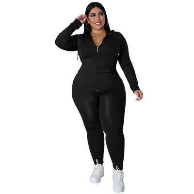 CM.YAYA Elegantná dámska súprava plus size s dlhým rukávom, mikina a nohavice s zipsom, módna tepláková súprava, dva 2-dielne outfity