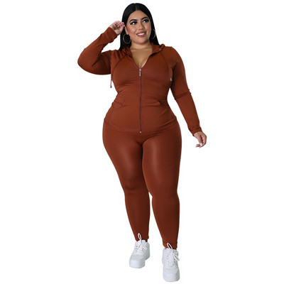 CM.YAYA Elegantná dámska súprava plus size s dlhým rukávom, mikina a nohavice s zipsom, módna tepláková súprava, dva 2-dielne outfity