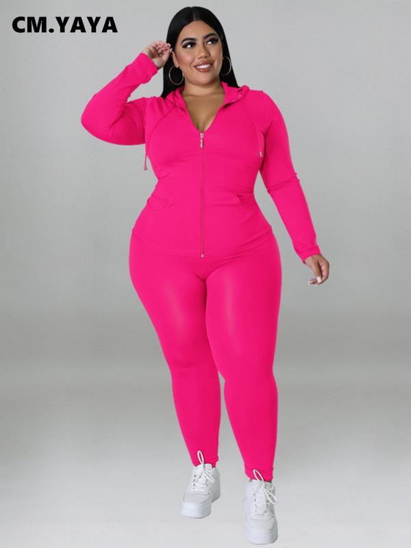CM.YAYA Elegantná dámska súprava plus size s dlhým rukávom, mikina a nohavice s zipsom, módna tepláková súprava, dva 2-dielne outfity