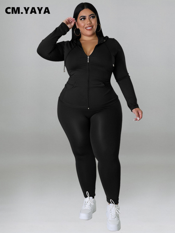 CM.YAYA Elegantná dámska súprava plus size s dlhým rukávom, mikina a nohavice s zipsom, módna tepláková súprava, dva 2-dielne outfity