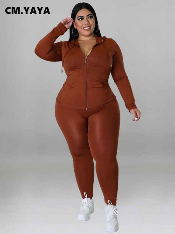 CM.YAYA Elegantná dámska súprava plus size s dlhým rukávom, mikina a nohavice s zipsom, módna tepláková súprava, dva 2-dielne outfity