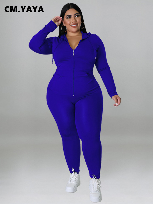 CM.YAYA Elegantná dámska súprava plus size s dlhým rukávom, mikina a nohavice s zipsom, módna tepláková súprava, dva 2-dielne outfity