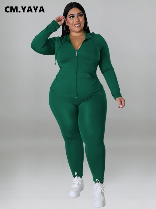 CM.YAYA Elegantná dámska súprava plus size s dlhým rukávom, mikina a nohavice s zipsom, módna tepláková súprava, dva 2-dielne outfity