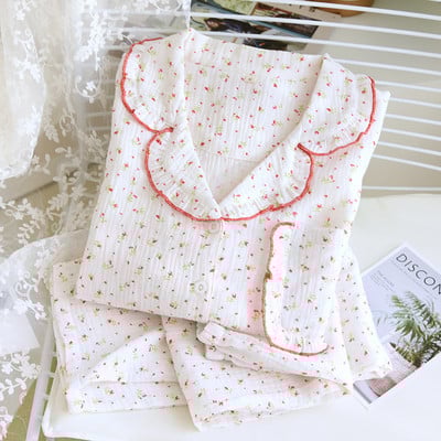 Kevad ja sügis uued naiste pidžaamad pikkade varrukatega püksid kaheosaline komplekt 100% puuvillane krepp valge lilleline suures mõõdus koduriiete komplekt