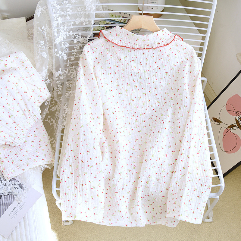 Kevad ja sügis uued naiste pidžaamad pikkade varrukatega püksid kaheosaline komplekt 100% puuvillane krepp valge lilleline suures mõõdus koduriiete komplekt