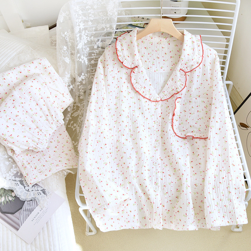 Kevad ja sügis uued naiste pidžaamad pikkade varrukatega püksid kaheosaline komplekt 100% puuvillane krepp valge lilleline suures mõõdus koduriiete komplekt