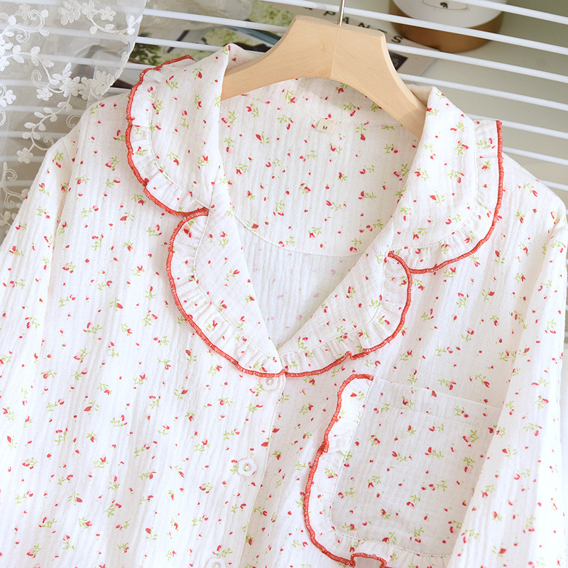 Kevad ja sügis uued naiste pidžaamad pikkade varrukatega püksid kaheosaline komplekt 100% puuvillane krepp valge lilleline suures mõõdus koduriiete komplekt