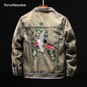 Pánske bavlnené džínsové bundy v čínskom štýle s vyšívaným vintage žeriavom, streetwear, ležérne, štíhle, hip hopové džínsové bundy, kabát, veľkosť 5XL, 6XL
