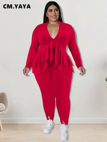 CM.YAYA Plus Size Γυναικείο Σετ Μόδα Γυναικεία βολάν μπλουζάκι με λαιμόκοψη V και κολάν κοστούμι INS Γυναικείο σετ 2 τεμαχίων