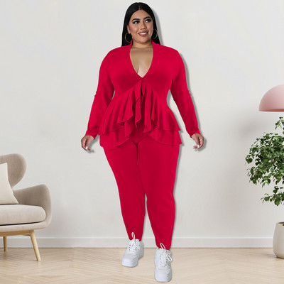 CM.YAYA Dámska súprava Plus Size, módne dámske tričko s volánikmi a výstrihom do V, legíny a oblek INS, dvojdielna súprava
