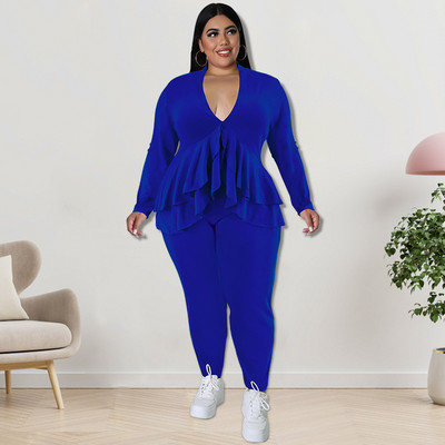 CM.YAYA Dámska súprava Plus Size, módne dámske tričko s volánikmi a výstrihom do V, legíny a oblek INS, dvojdielna súprava
