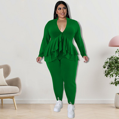CM.YAYA Dámska súprava Plus Size, módne dámske tričko s volánikmi a výstrihom do V, legíny a oblek INS, dvojdielna súprava