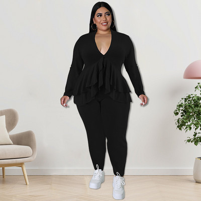 CM.YAYA Dámska súprava Plus Size, módne dámske tričko s volánikmi a výstrihom do V, legíny a oblek INS, dvojdielna súprava