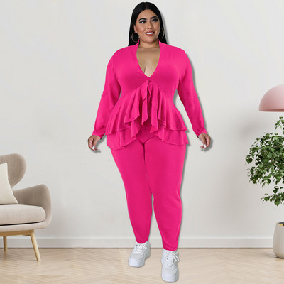 CM.YAYA Dámska súprava Plus Size, módne dámske tričko s volánikmi a výstrihom do V, legíny a oblek INS, dvojdielna súprava