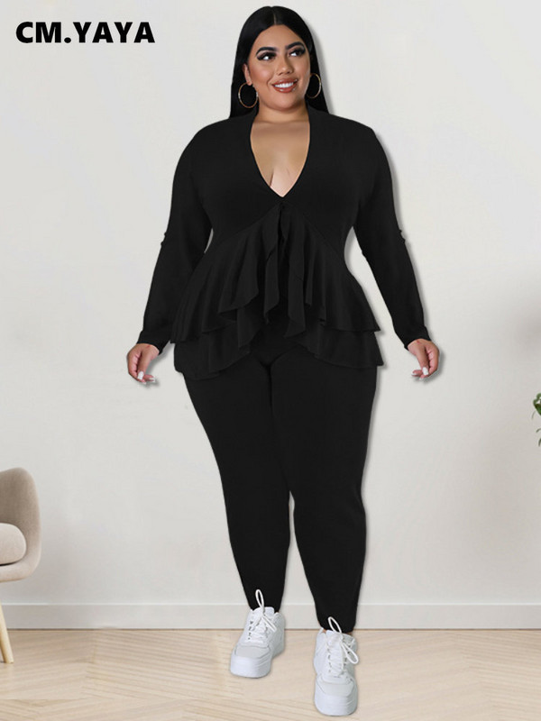 CM.YAYA Dámska súprava Plus Size, módne dámske tričko s volánikmi a výstrihom do V, legíny a oblek INS, dvojdielna súprava