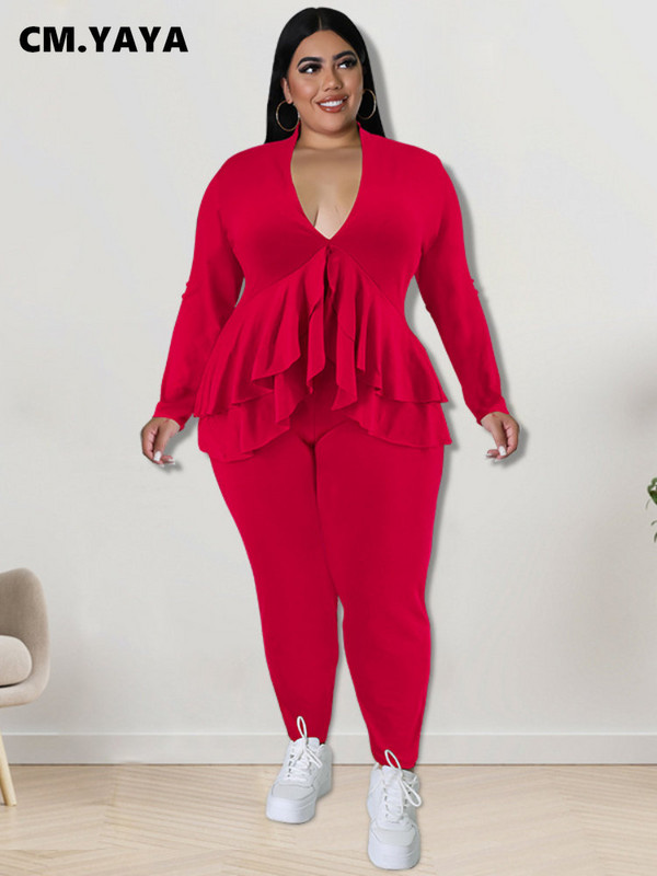 CM.YAYA Dámska súprava Plus Size, módne dámske tričko s volánikmi a výstrihom do V, legíny a oblek INS, dvojdielna súprava