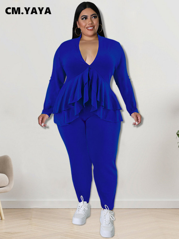 CM.YAYA Dámska súprava Plus Size, módne dámske tričko s volánikmi a výstrihom do V, legíny a oblek INS, dvojdielna súprava