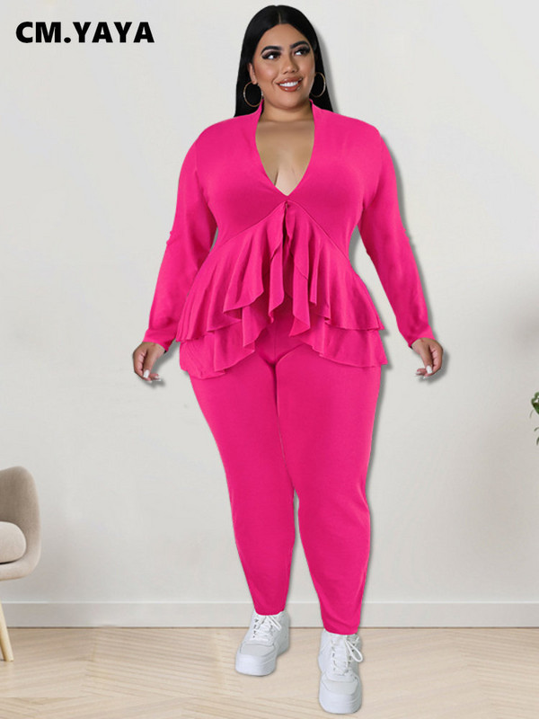 CM.YAYA Dámska súprava Plus Size, módne dámske tričko s volánikmi a výstrihom do V, legíny a oblek INS, dvojdielna súprava