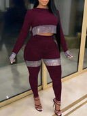 Κομψή γυναικεία στολή LW Plus Size 2023 Φθινόπωρο & Χειμώνας Σετ παντελόνι με στρογγυλή λαιμόκοψη See Through Sequin Skinny Y2K Set