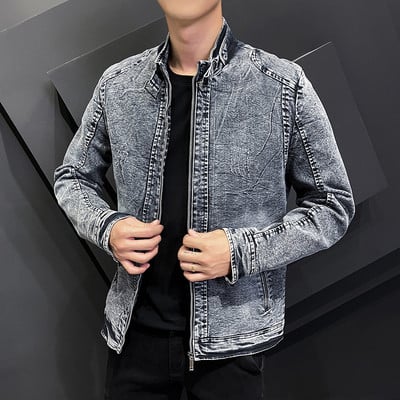 Jachetă de denim retro americană Mantoane pentru bărbați cu guler în picioare Jachete pentru bărbați Casual cu fermoar Jachetă caldă de toamnă Îmbrăcăminte pentru bărbați