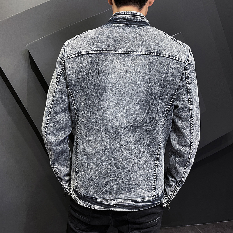 Jachetă de denim retro americană Mantoane pentru bărbați cu guler în picioare Jachete pentru bărbați Casual cu fermoar Jachetă caldă de toamnă Îmbrăcăminte pentru bărbați