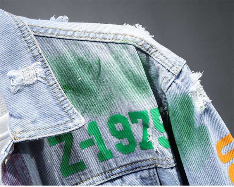Ανδρικό Hi Street Graffiti Ripped Τζιν μπουφάν Fashion Streetwear Painted Jeans Coat with Holes Distressed Outerwear Big Size 5XL