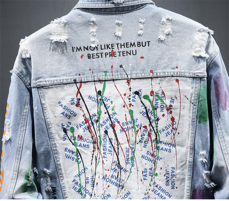 Ανδρικό Hi Street Graffiti Ripped Τζιν μπουφάν Fashion Streetwear Painted Jeans Coat with Holes Distressed Outerwear Big Size 5XL