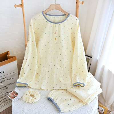 2023 Pijamale de damă 100% bumbac Pantaloni de damă cu mâneci lungi Gât rotund Îmbrăcăminte de casă largi cu imprimeu de flori Set de lenjerie de dormit din bumbac pentru bebeluși