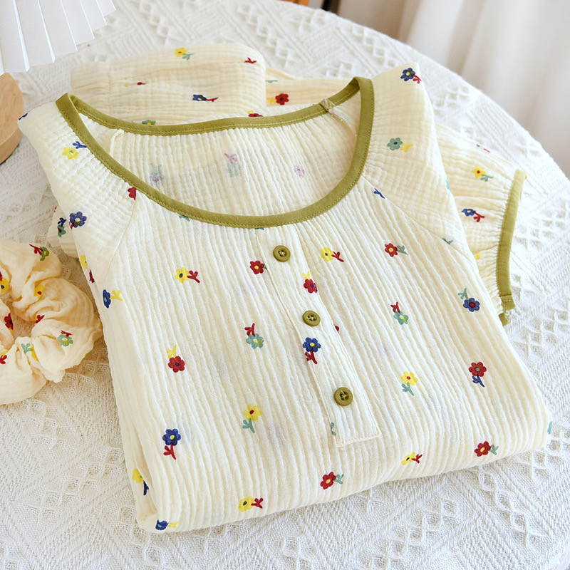 2023 Pijamale de damă 100% bumbac Pantaloni de damă cu mâneci lungi Gât rotund Îmbrăcăminte de casă largi cu imprimeu de flori Set de lenjerie de dormit din bumbac pentru bebeluși