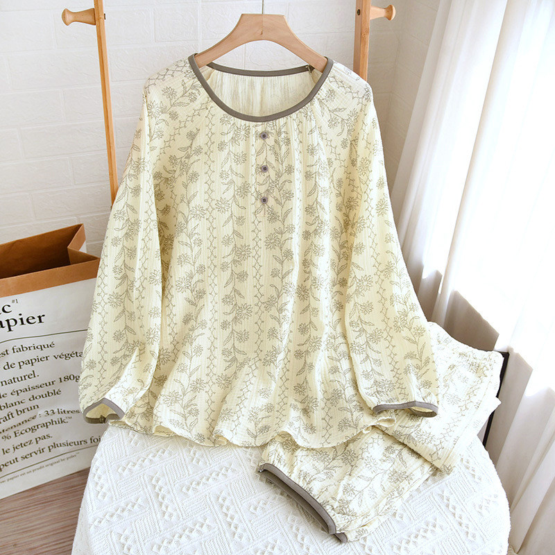 2023 Pijamale de damă 100% bumbac Pantaloni de damă cu mâneci lungi Gât rotund Îmbrăcăminte de casă largi cu imprimeu de flori Set de lenjerie de dormit din bumbac pentru bebeluși