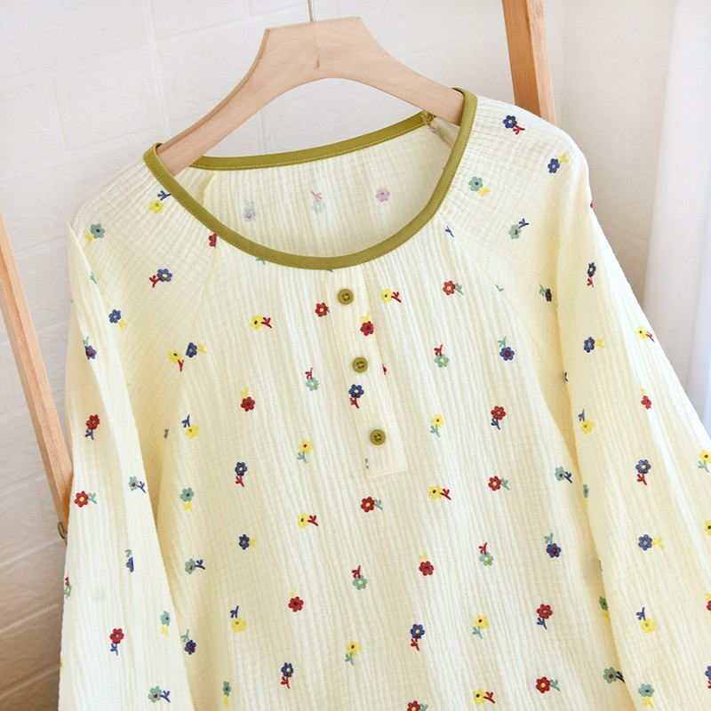 2023 Pijamale de damă 100% bumbac Pantaloni de damă cu mâneci lungi Gât rotund Îmbrăcăminte de casă largi cu imprimeu de flori Set de lenjerie de dormit din bumbac pentru bebeluși