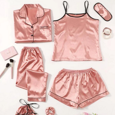 Costum 4 piese Set pijamale din mătase satinată, fără pijama căptușită, seturi asortate pentru femei, pantaloni scurți cu mâneci întregi, pantaloni lungi, haine de dormit