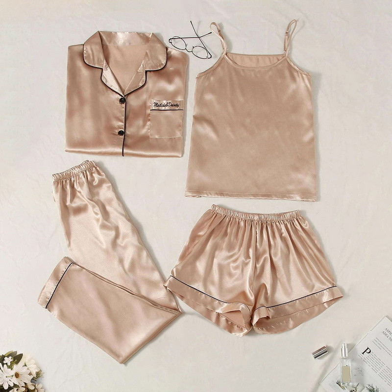 Costum 4 piese Set pijamale din mătase satinată, fără pijama căptușită, seturi asortate pentru femei, pantaloni scurți cu mâneci întregi, pantaloni lungi, haine de dormit