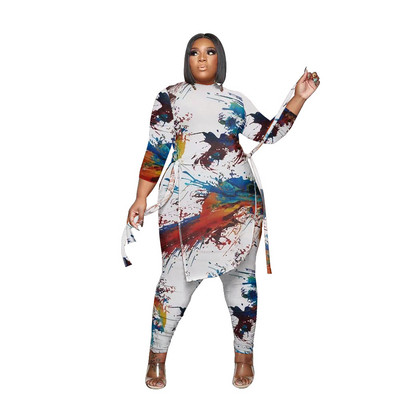 5XL pluss suurus Colorfull Printed Y2K pikkade varrukatega O Neck Crop T-särk+pükste dressidress, naine, 2tk Casual komplekt