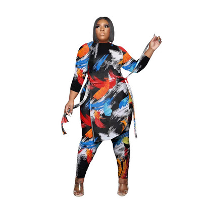 5XL pluss suurus Colorfull Printed Y2K pikkade varrukatega O Neck Crop T-särk+pükste dressidress, naine, 2tk Casual komplekt